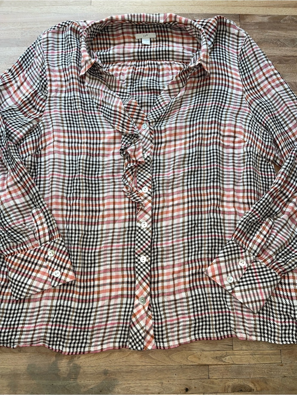 J. Jill Plaid Button-Up Shirt in Pink, Brown & Black | Women’s Large Petite